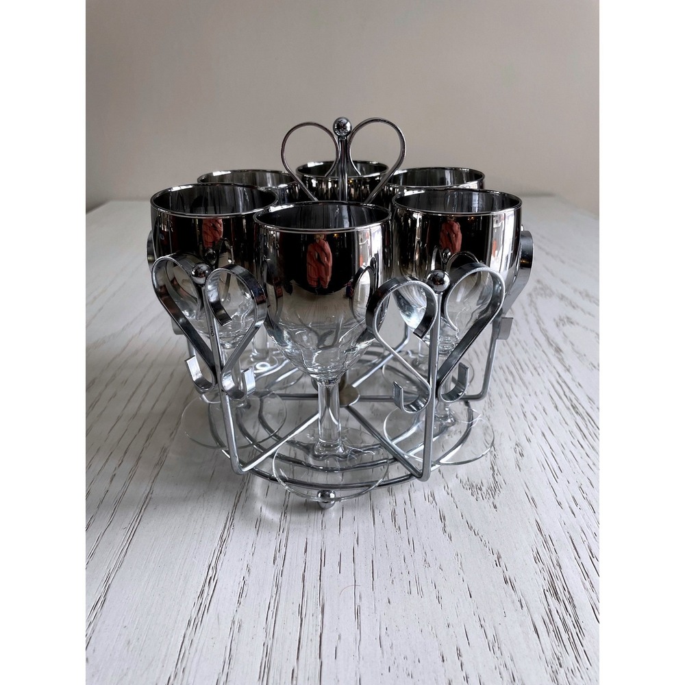 Vitreon Queen's Lusterware Wine Glasses (6) w/ Chrome Heart Caddy, Silver Ombre